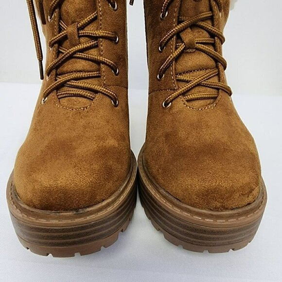 Brown Faux Suede Shearling Cuff Lug Sole Booties 7.5 - Picture 9 of 12